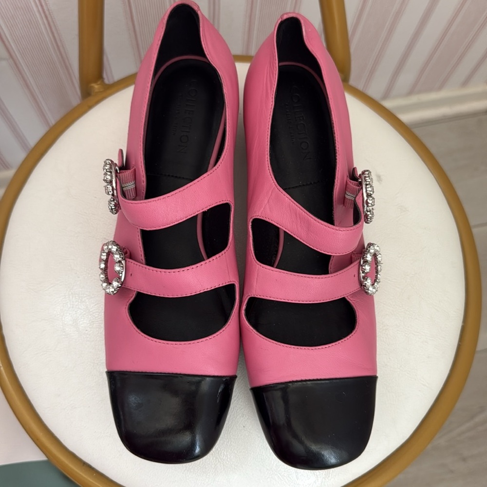 Charles & Keith Pink and Black Mary Jane Flats with Rhinestone Buckles - Picture 5 of 5